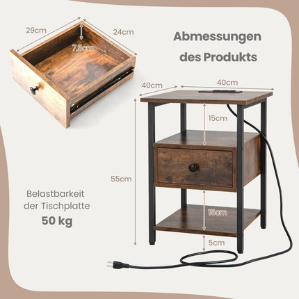 Nachttisch mit Ladestation, Schublade und Ablagen