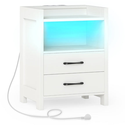 Table de chevet avec éclairage LED et station de recharge, 2 tiroirs