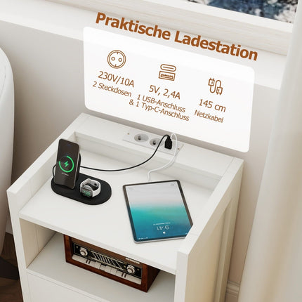 Table de chevet avec éclairage LED et station de recharge, 2 tiroirs
