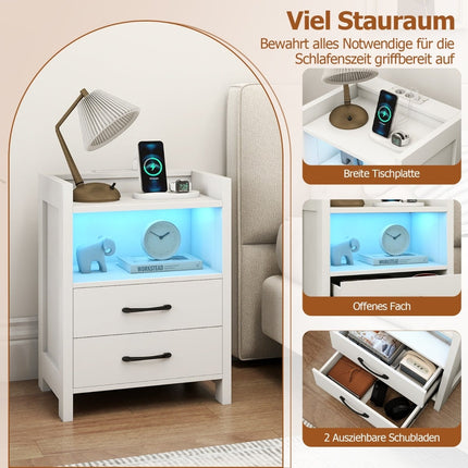Table de chevet avec éclairage LED et station de recharge, 2 tiroirs