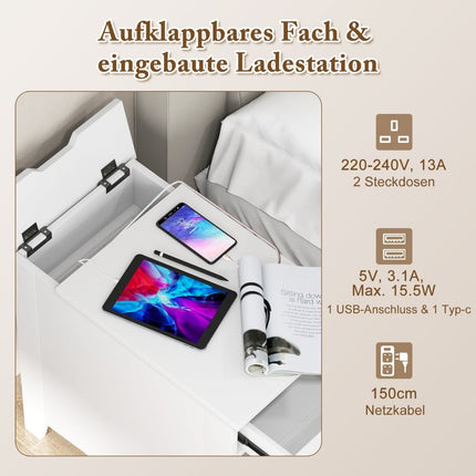 Nachttisch mit USB-Anschlüssen, Steckdosen, Zeitschriftenablage