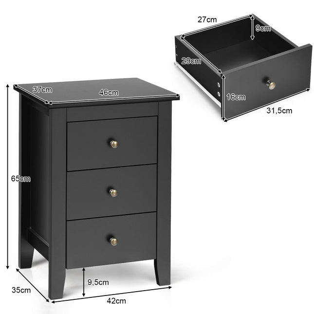 Table de chevet avec 3 tiroirs pour lit à sommier tapissier 46 x 37 x 65 cm noir