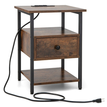 Nachttisch mit Ladestation &amp; Schublade Nachttisch mit offenen Regalen 40 x 40 x 55 cm Rustikales Braun