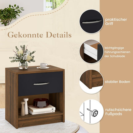 Nachttisch mit Schublade Kleiner Beistelltisch mit offenem Fach 38,5 x 28 x 40,5 cm Braun + Schwarz