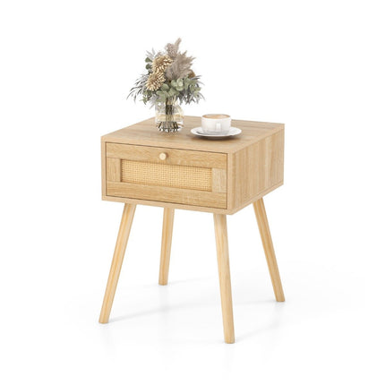 Table de chevet avec tiroir, table d'appoint design rotin 40 x 40 x 55 cm chêne