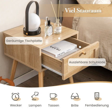 Table de chevet avec tiroir, table d'appoint design rotin 40 x 40 x 55 cm chêne