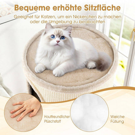 Beiges, mehrstöckiges Katzenhaus mit Sisal-Kratzmatte