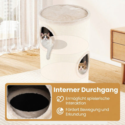 Beiges, mehrstöckiges Katzenhaus mit Sisal-Kratzmatte