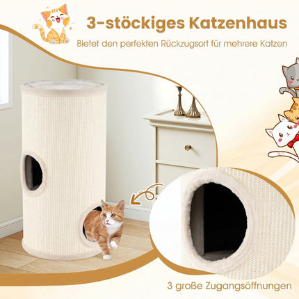 Beiges, mehrstöckiges Katzenhaus mit Sisal-Kratzmatte