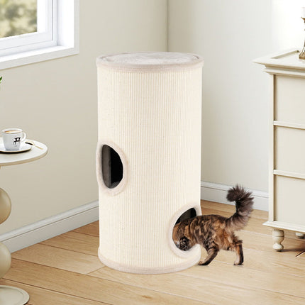 Beiges, mehrstöckiges Katzenhaus mit Sisal-Kratzmatte