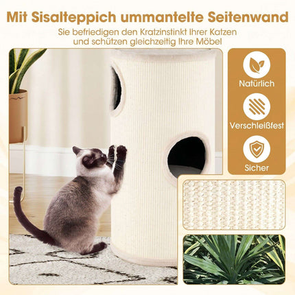 Beiges, mehrstöckiges Katzenhaus mit Sisal-Kratzmatte