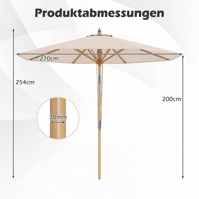 Parasol de terrasse beige, 270 cm, structure en bambou, inclinaison réglable
