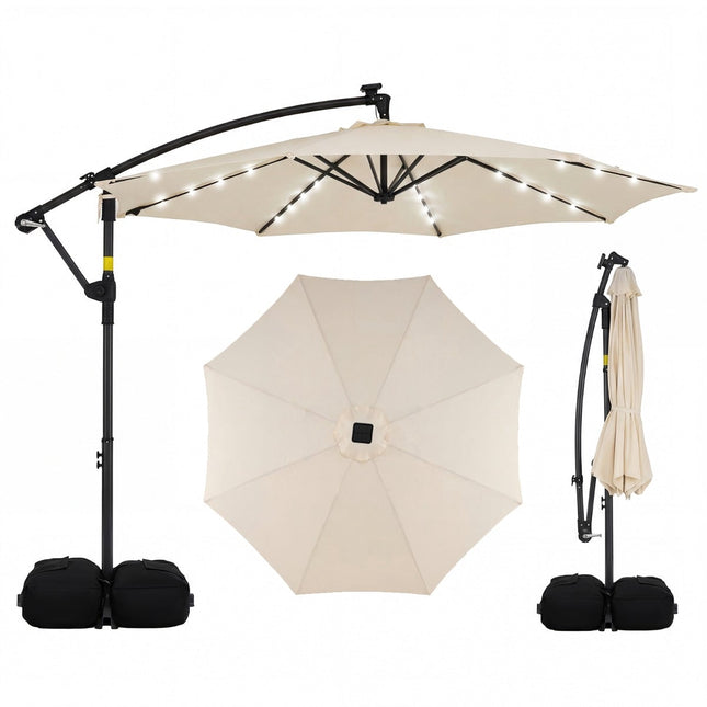 Parasol de terrasse beige à LED solaires, rotatif à 360°, 300 cm