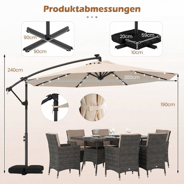 Parasol de terrasse beige à LED solaires, rotatif à 360°, 300 cm