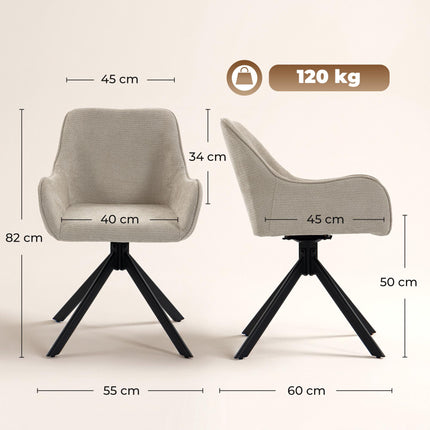 Ensemble de 2 chaises de salle à manger pivotantes beiges avec accoudoirs