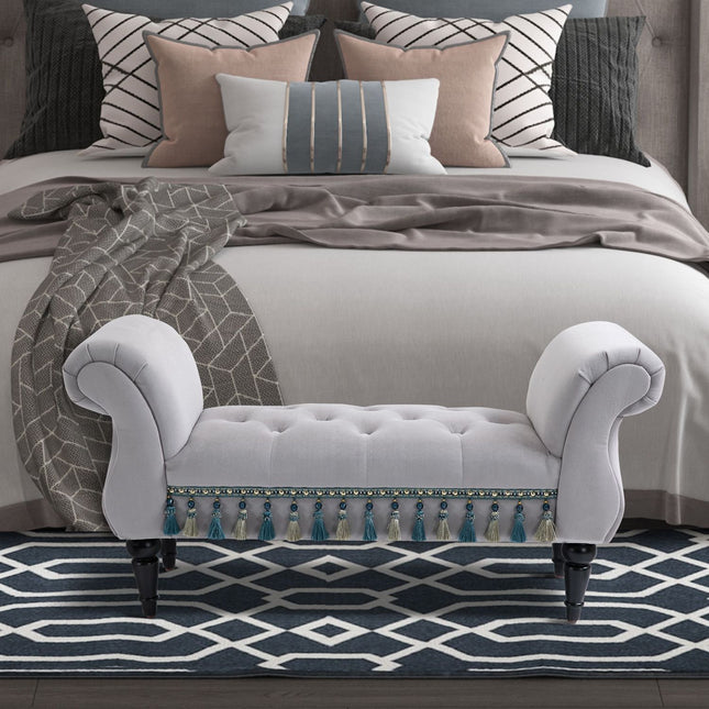 Elegante, grau gepolsterte Holzbank – 117 x 40 x 58 cm