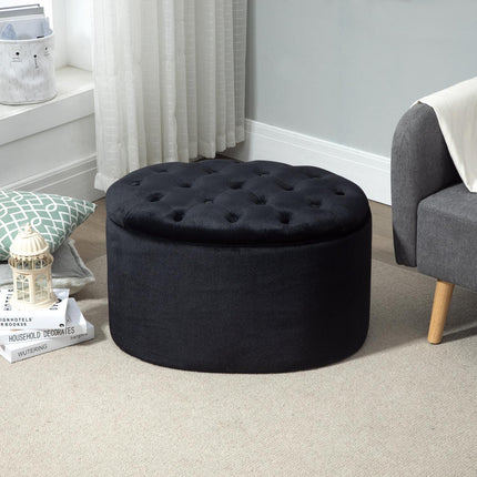 Modern Black Oval Bench - Upholstered Storage, Velvet Smooth Finish