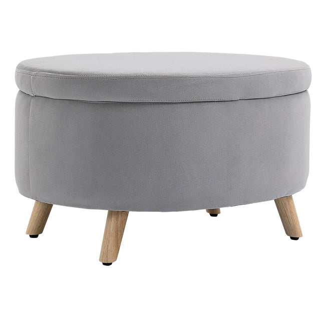 Banc Banc rembourré avec espace de rangement Tabouret de forme ovale Couloir Chambre Salon Velouté Polyester Caoutchouc Bois Gris clair 71 x 51,5 x 42 cm