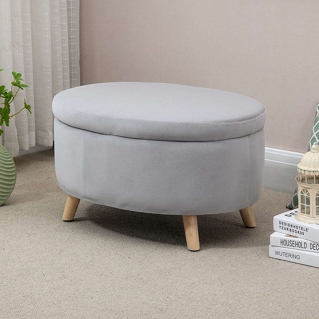 Banc Banc rembourré avec espace de rangement Tabouret de forme ovale Couloir Chambre Salon Velouté Polyester Caoutchouc Bois Gris clair 71 x 51,5 x 42 cm