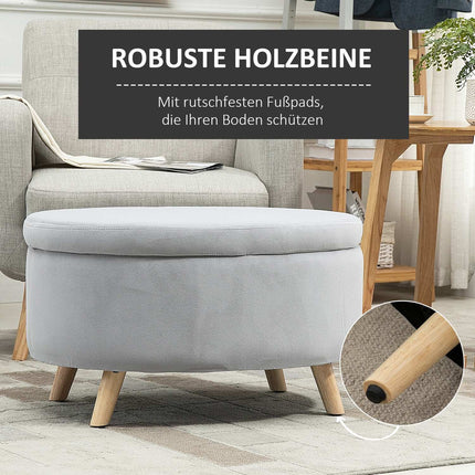 Banc Banc rembourré avec espace de rangement Tabouret de forme ovale Couloir Chambre Salon Velouté Polyester Caoutchouc Bois Gris clair 71 x 51,5 x 42 cm