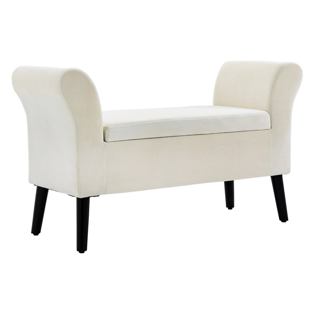 Banc Banquette avec rangement Banquette de lit avec accoudoir pour couloir chambre polyester velouté 111,5 x 41 x 65 cm blanc crème