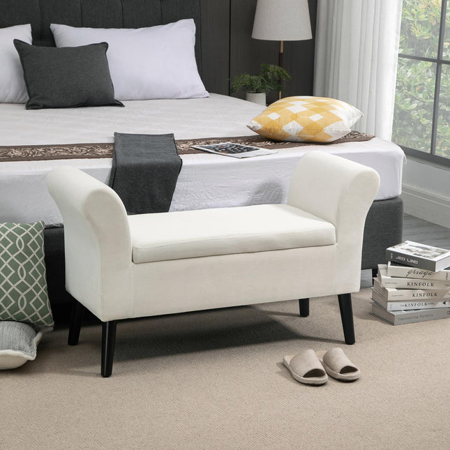 Banc Banquette avec rangement Banquette de lit avec accoudoir pour couloir chambre polyester velouté 111,5 x 41 x 65 cm blanc crème