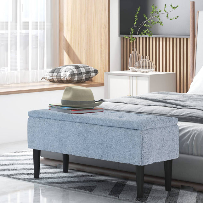 Banc avec espace de rangement, banc de lit, banc rembourré avec couvercle rabattable, banc coffre, pour salon, chambre à coucher, bleu, 95 x 38 x 45 cm