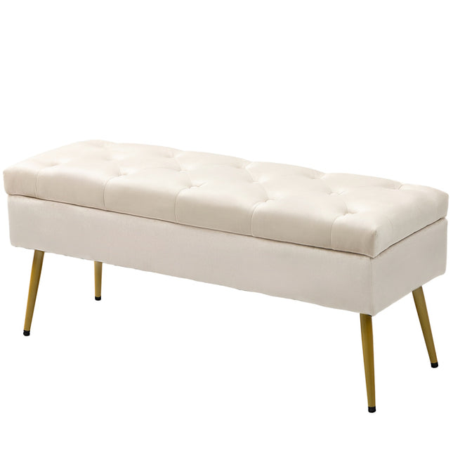 Gepolsterte Aufbewahrungsbank, Samt-Optik, Beige, 102 x 35 x 43 cm