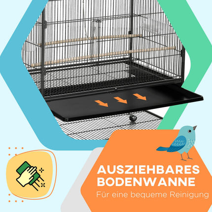 Große graue Vogelvoliere mit Sitzstangen und Rollen, 94 x 57 x 153 cm
