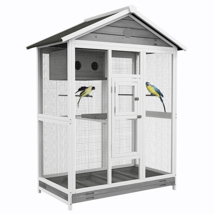 Großer Vogelkäfig mit Sitzstangen und ausziehbarer Bodenschale, Fichtenholz