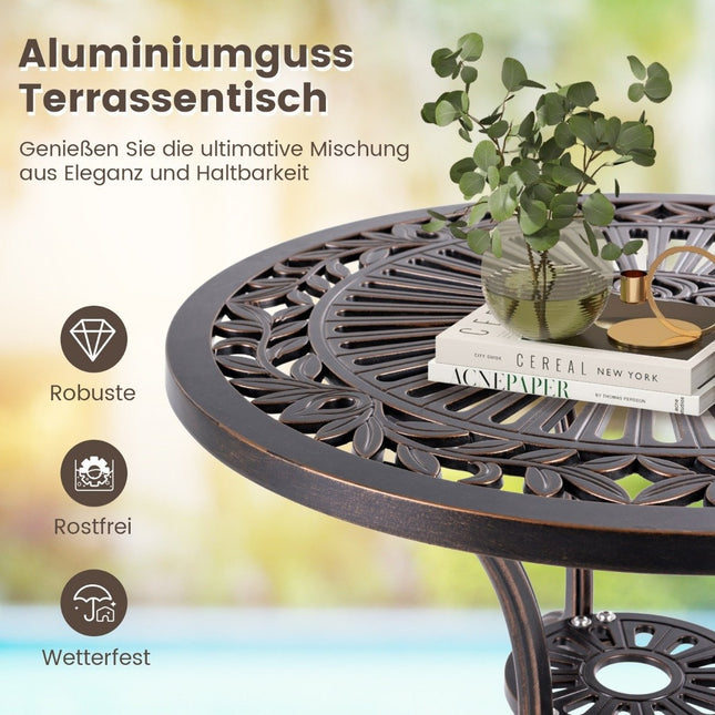 Table de bistro en fonte d'aluminium, table de balcon résistante aux intempéries avec trou pour parasol 61 x 61 x 71 cm rouge cuivre