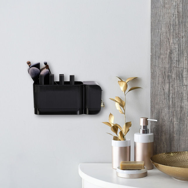 Organiseur de cosmétiques adhésif noir pour salle de bain, 4 compartiments