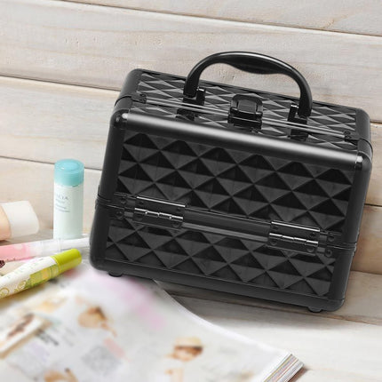 Trousse de maquillage en aluminium noir avec miroir - 2 plateaux, portable