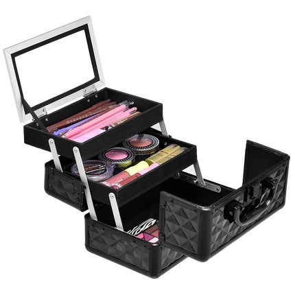 Trousse de maquillage en aluminium noir avec miroir - 2 plateaux, portable