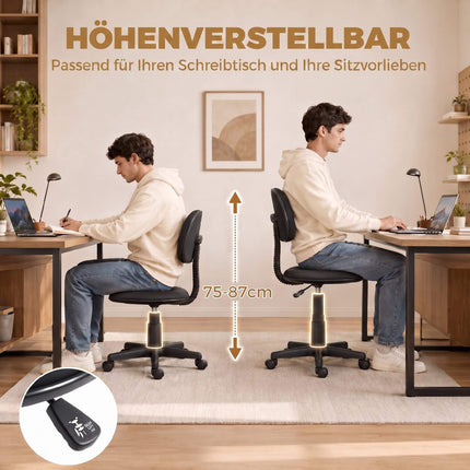 Schwarzer, armloser Schreibtischstuhl, höhenverstellbar, mit Schwenkrollen