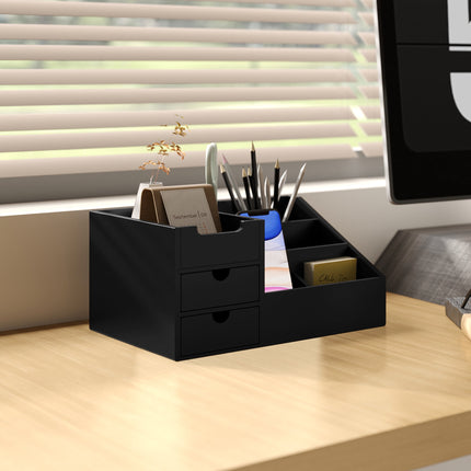 Organiseur de bureau en bambou noir avec 2 tiroirs et 7 compartiments