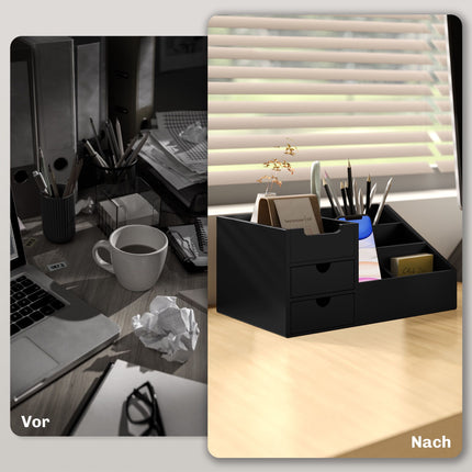 Organiseur de bureau en bambou noir avec 2 tiroirs et 7 compartiments