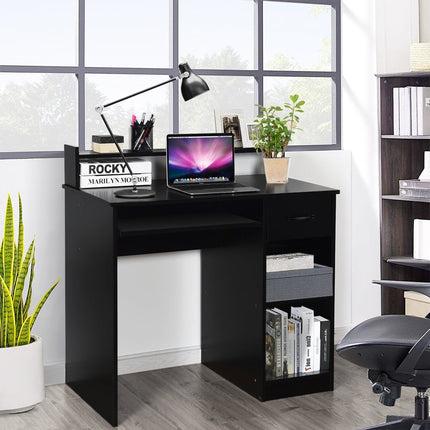 Bureau d'ordinateur noir avec plateau pour clavier et étagères de rangement