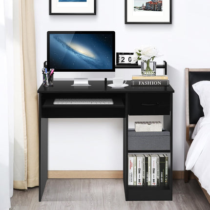 Bureau d'ordinateur noir avec plateau pour clavier et étagères de rangement