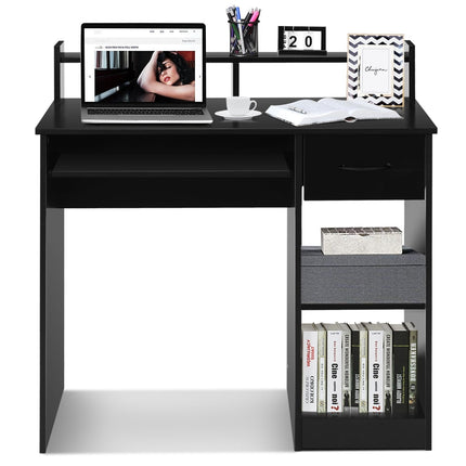 Bureau d'ordinateur noir avec plateau pour clavier et étagères de rangement