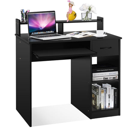 Bureau d'ordinateur noir avec plateau pour clavier et étagères de rangement