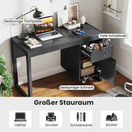 Schwarzer Computertisch mit Aufbewahrungsschrank, 112cm