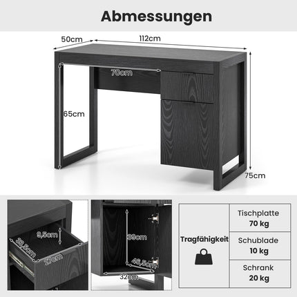 Schwarzer Computertisch mit Aufbewahrungsschrank, 112cm