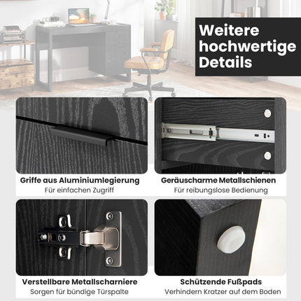 Schwarzer Computertisch mit Aufbewahrungsschrank, 112cm
