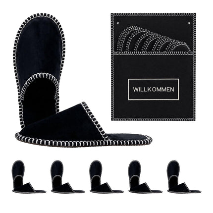 Black Felt Guest Slippers Set, 6 Pairs with Storage Bag