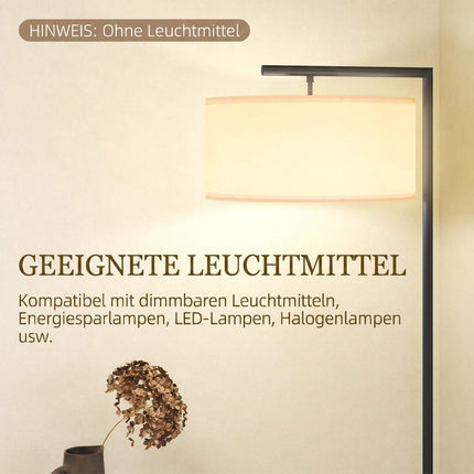Lampadaire noir avec abat-jour en tissu blanc, douille E27