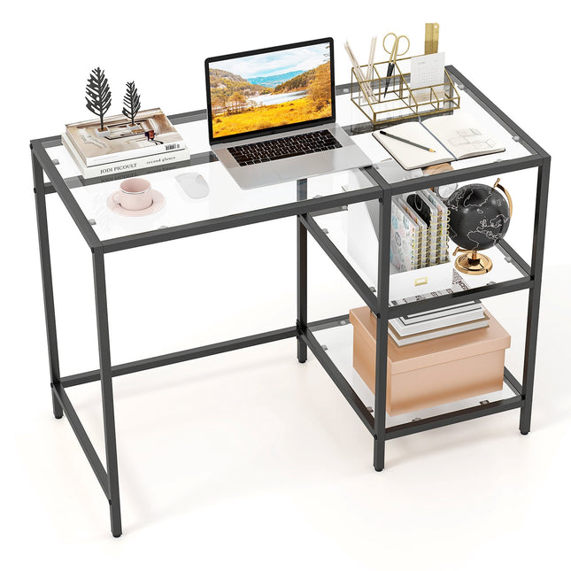 Bureau d'ordinateur en verre noir avec cadre en métal, 106 x 51 x 76 cm