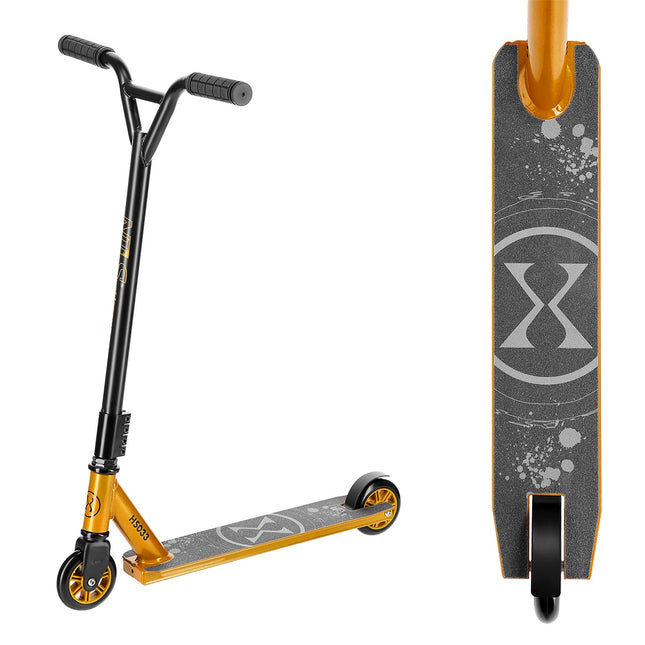 Trottinette acrobatique noire et dorée, conception durable