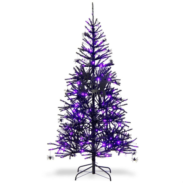 Schwarzer Halloween-Baum mit lila LED-Lichtern, 183 cm