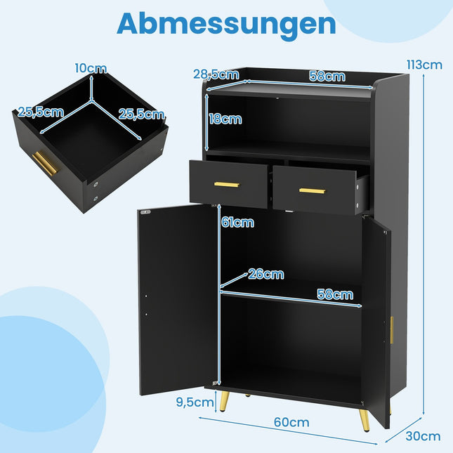Meuble de cuisine noir avec portes doubles, 2 tiroirs et étagère réglable